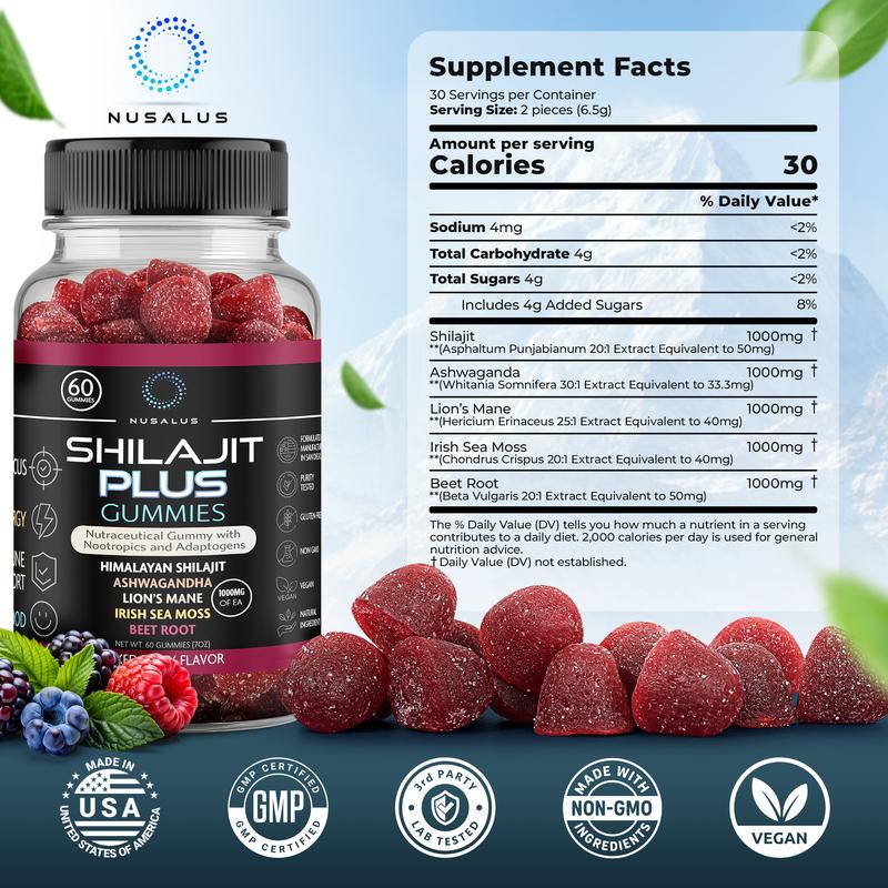 Nusalus Shilajit Plus Gummies 5-IN-1 Formula Superfood for Energy Mood Focus 1000MG Shilajit Ashwagandha Lion's Mane Sea Moss Beet Root Mixed Berry Flavor Made in San Diego USA