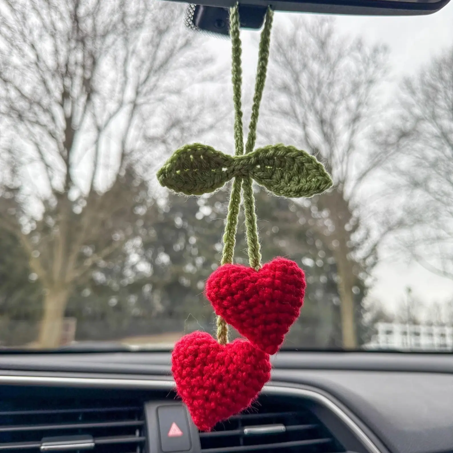 Heart Shaped Cherry Car Mirror Hanging Ornament, Cute Crochet Knitted Auto Accessory, Perfect Gift Idea, Handmade Car Hook Decoration, Car Ornaments