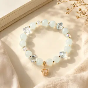 Aquamarine Energy Bracelet for Women, Good Luck Crystal Beaded Bracelet with Gold Crown Charm, Soft Blue Healing Vibe Jewelry Gift
