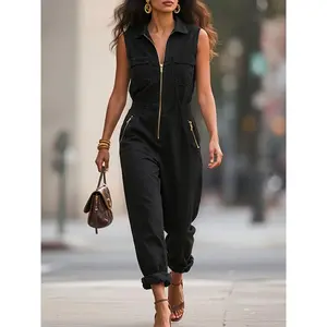 Women's Black Jumpsuit - Non-Stretchy Structured Fit with Front Zipper Closure, Formal to Casual Outfits - Machine Washable Pantsuit for Everyday & Special Events, Summer Wardrobe, Relaxed Silhouette, Quality Stitching, Stylish Outfit, Fashion Women
