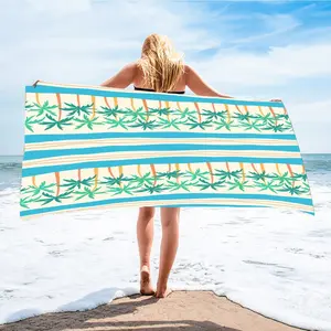 Comfortable Quick-Dry Beach Towel, Striped Blue Palm Pattern, Ideal for Beach, Pool, Living Room, Camping, Perfect Gift for Family and Friends