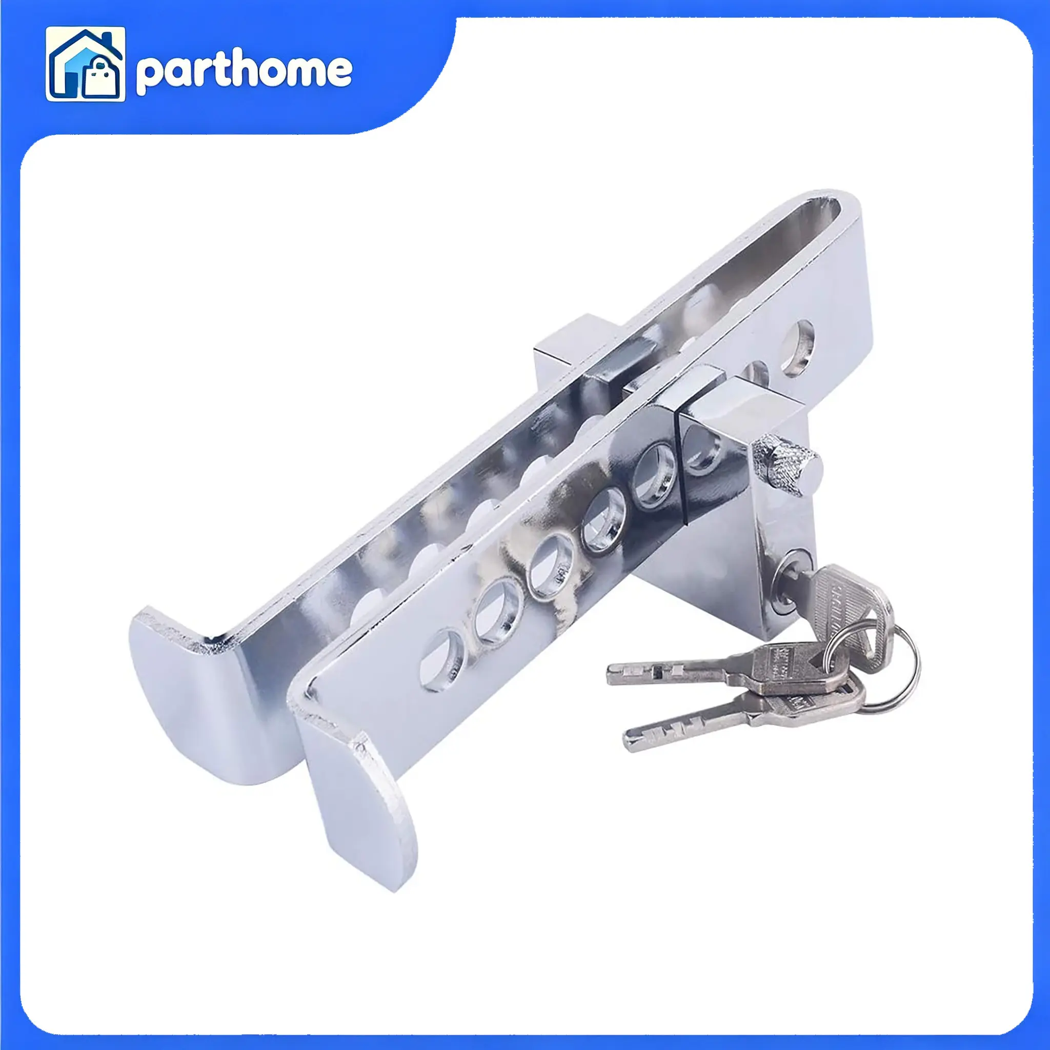 Chrome Plated Stainless Steel Pedal Lock with Full Copper Lock Cylinder, 8 Adjustable Holes, 3 Keys, Compact 196mm/7.71in Size for Car, Truck, Van, SUV Brake/Clutch/Accelerator Anti-Theft Protection campingessentials