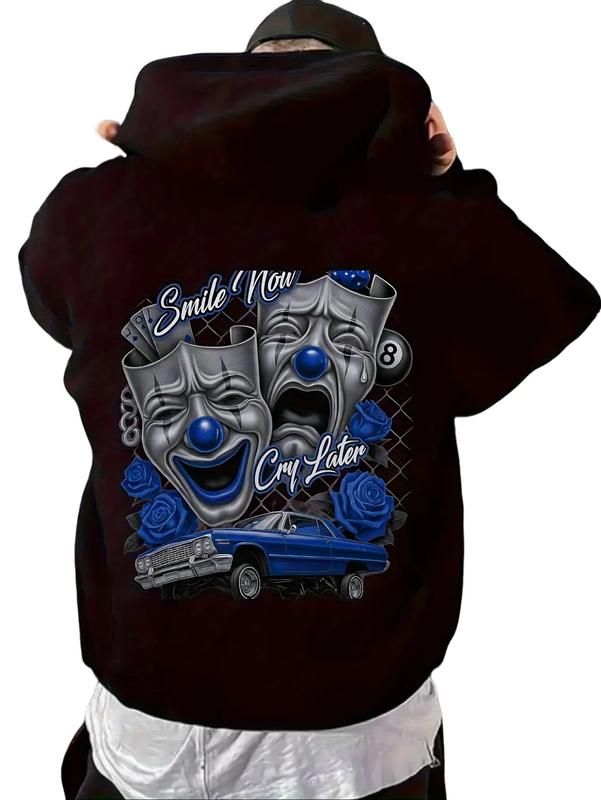Men's Chicano Style Clown Mask Blue Lowrider Hoodie Smile Now Cry Later Graphic Print Oversized Hip Hop Streetwear Sweatshirt Clown Face Crying Clown Design Soft Comfortable Pullover Hooded with Pockets