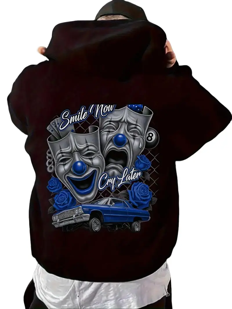 Men's Chicano Style Clown Mask Blue Lowrider Hoodie Smile Now Cry Later Graphic Print Oversized Hip Hop Streetwear Sweatshirt Clown Face Crying Clown Design Soft Comfortable Pullover Hooded with Pockets