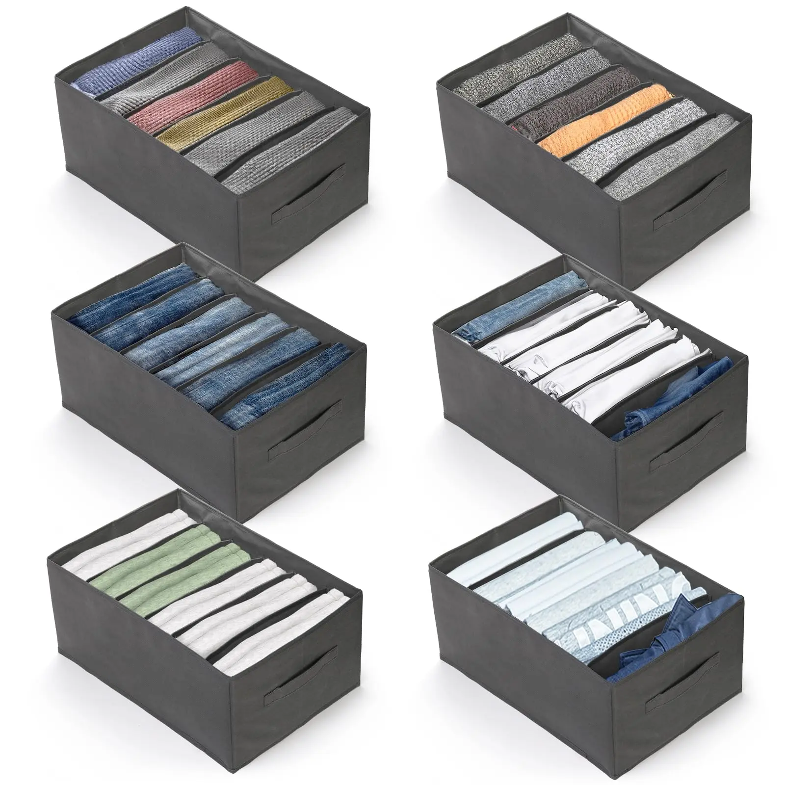 6 Pack Wardrobe Clothes Organizer, 6 Grids Large Clothes Closet Organizer and Storage, Divided Clothing Storage Boxes Bins Closet Drawer Organizer for Jeans T-shirt Pants Sweater