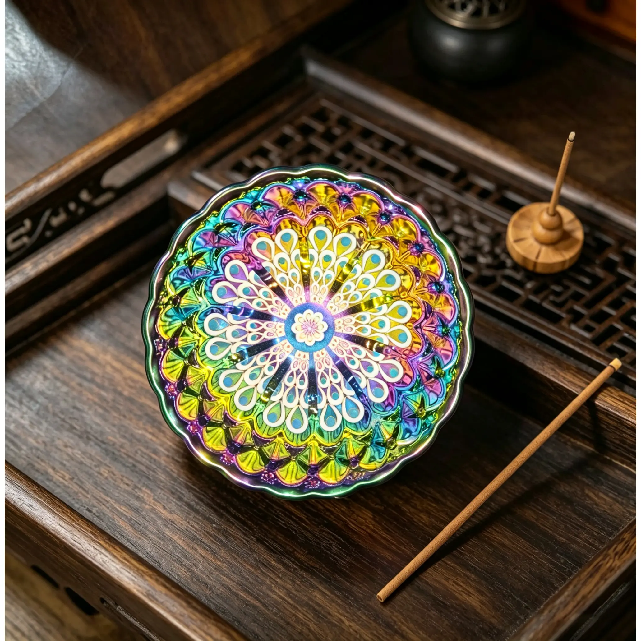 Colorful Peacock Feather Stemless Mug, Glow-in-the-Dark Iridescent Rainbow Hued Jianzhan Collectible, Cultural Prosperity Symbol, 9.6cm Diameter, 6cm Height
