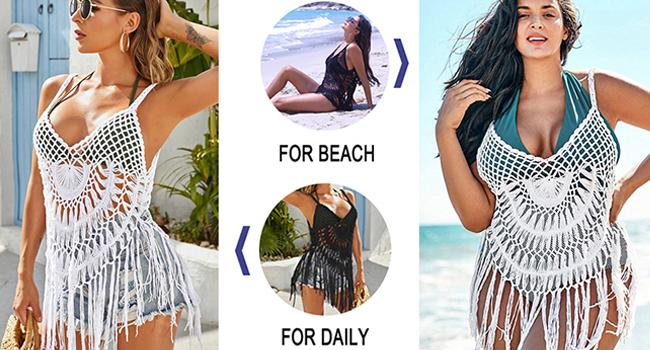 EKOUAER handcrafted knitwear Beach Swimsuit Cover Up Women Crochet Bikini Coverups Summer Pool Swimwear Tassel Dress