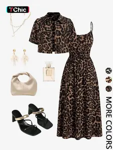 Women's Leopard Print Two-Piece Set, Adjustable Spaghetti Strap Gathered Waist Midi Dress, Turn-Down Collar Short Sleeve Cropped Shirt, Daily Casual Vacation Date Street Wear