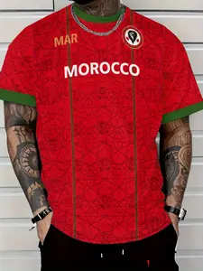 Men's Morocco National Team Football Short Sleeve T-Shirt, Summer Lion Head Print Casual Round Neck Top, Sports Fanwear