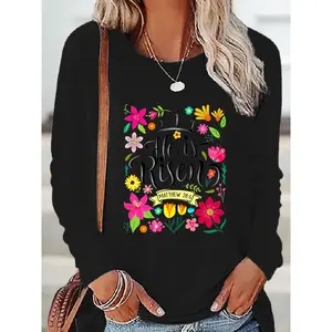 He is resurrected, Bohemian Easter, Christian Easter, Easter cross, Bible verses, Easter gift print, fashionable and simple autumn and winter women's casual round neck long sleeve T-shirt 49-A02-251526