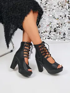 Women's Chunky Heel Sandals with Elastic Back Strap, Fashion Open-Toe High Heels, Comfortable Summer Footwear, Trendy Ladies' Sandals