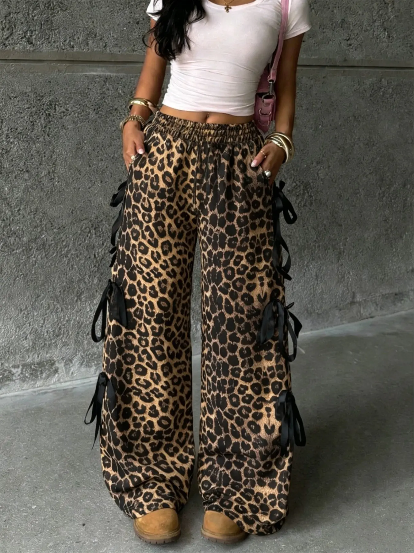 Women's Cool Leopard Print Wide Leg Pants, Trendy Side Bow Elastic High Waist Long Pants, Street Style and Concert Wear