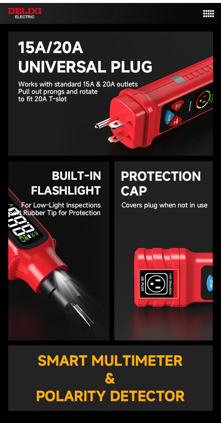 DELIXI 2 in 1 Outlet Circuit & Voltage Tester Pen, 2–440V AC Voltage Detector with NCV Function, Integrated GFCI Outlet Tester & Polarity Check, LCD Display, Audible Alarm & Flashlight, 3 Prong AC Voltage Socket Checker, Wiring Fault Detector detail 3