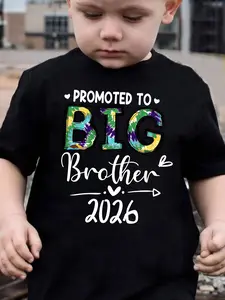 Summer Fashion Boys' Short Sleeve T-Shirt |   PROMOTED TO BIG BROTHER 2026 Letter Print, Casual Outdoor Top with Crew Neck and Slight Stretch Fabric