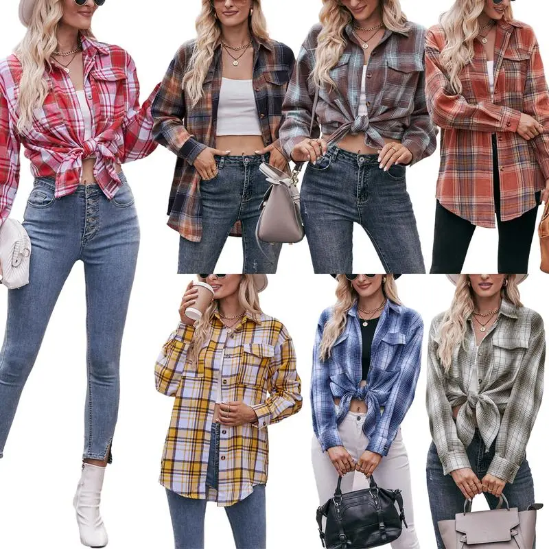Women's Plus Size Loose Cut Flannel Plaid Sports Outerwear, Collared Button-Down Long Sleeve Casual Shirt Top, Blouse, Collared Neck