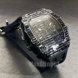 MaxBling81 Men's Japanese Quartz Casual Trendy Wristwatch - Hip-Hop Rapper Style, Black Baguette Iced Bling Stones, Square Analog Dial, Silicone Band, Luxury Fashion Accessory