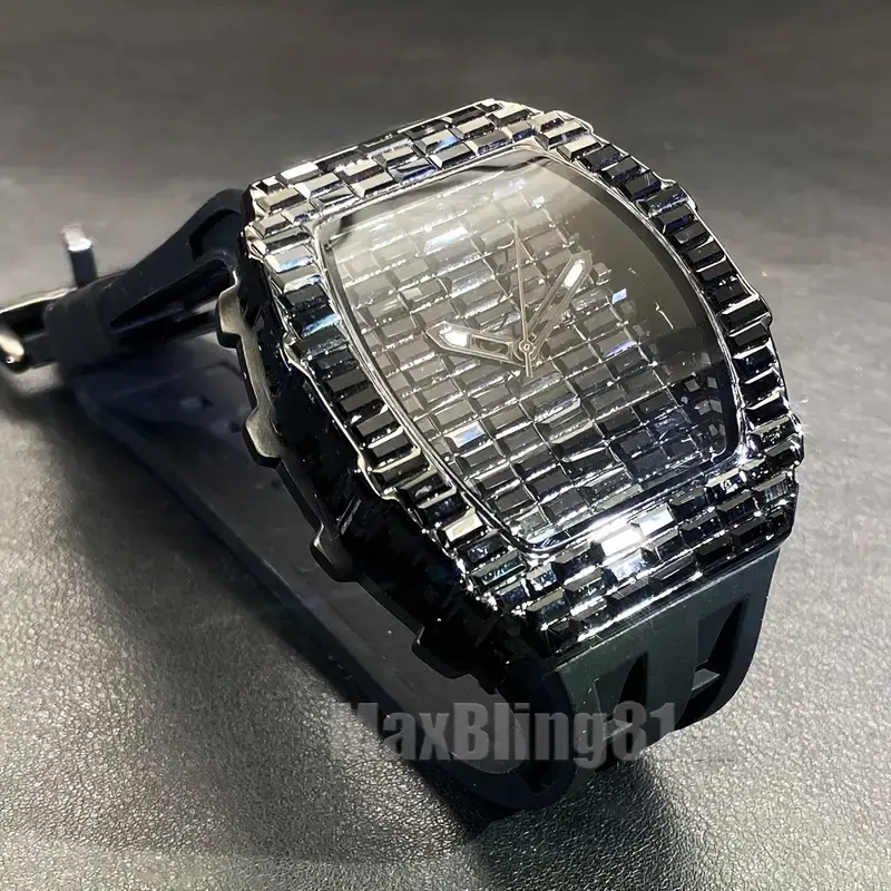 MaxBling81 Men's Japanese Quartz Casual Trendy Wristwatch - Hip-Hop Rapper Style, Black Baguette Iced Bling Stones, Square Analog Dial, Silicone Band, Luxury Fashion Accessory