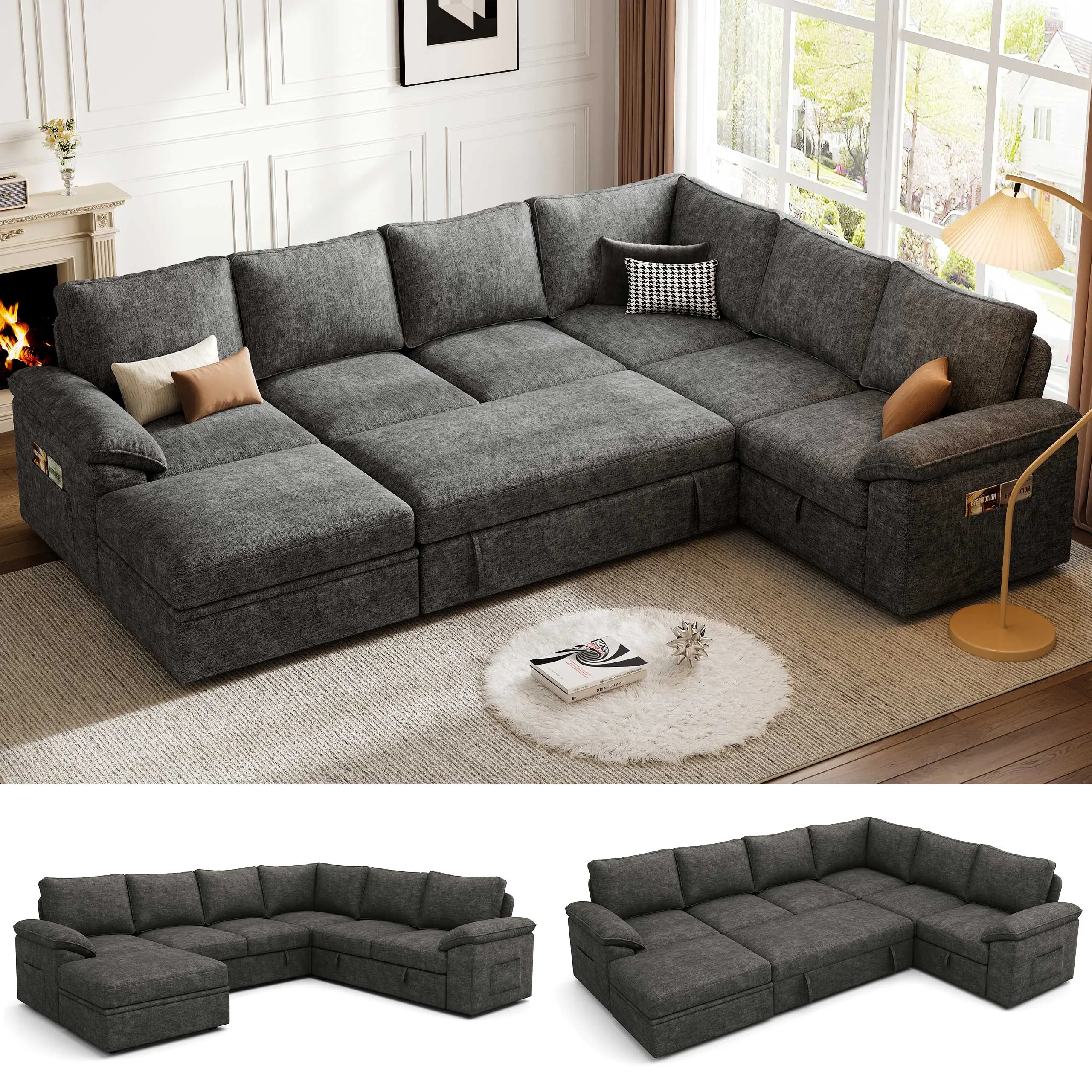 【Standalone Module】108 Inch Sectional Sleeper Sofa with Pull Out Bed, U Shaped 5/7 Seat Modular Sectional Sofa with Storage, Sectional Couches for Living Room, Cloud Modular Couch, Removable Sofa Cover#daybed