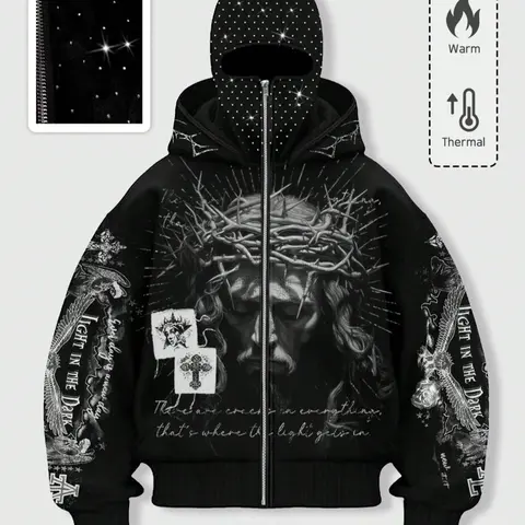 Men's Street Style Rhinestone Decor Windproof Hooded Top with Pockets and Zipper Design, Fall & Winter Wear