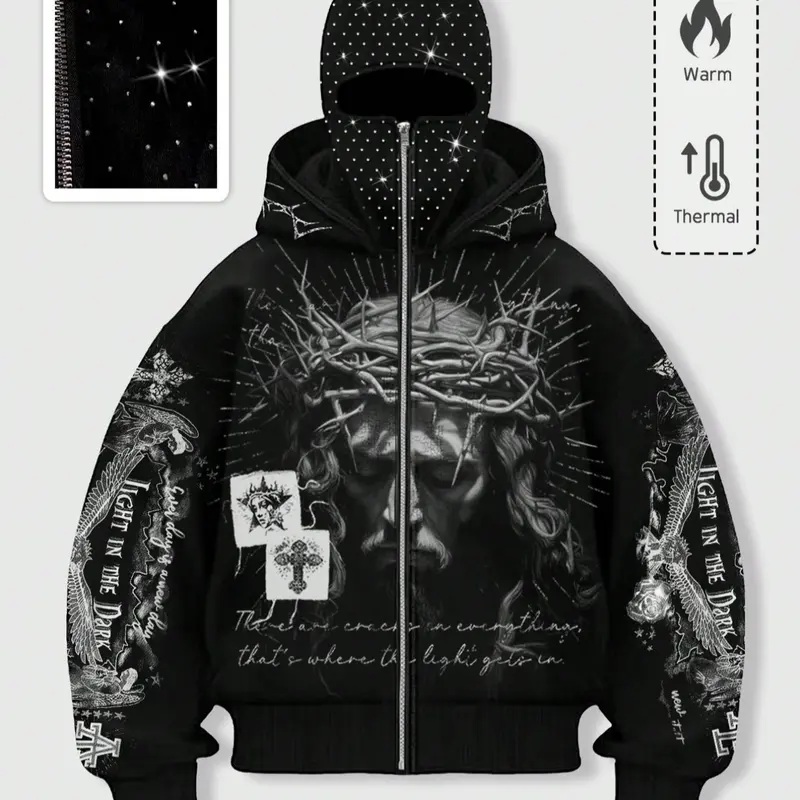 Men's Street Style Rhinestone Decor Windproof Hooded Top with Pockets and Zipper Design, Fall & Winter Wear