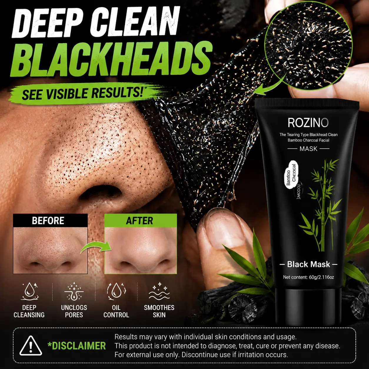 Peel-Off Face Mask Bamboo Charcoal – Deep Cleansing Facial Mask for Oily & Combination Skin