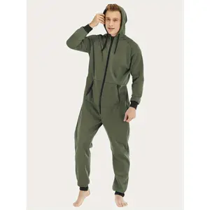 Men's Hooded Jumpsuit Sportswear Solid Color Drawstring Sweatshirt Jumpsuit Full Zipper Hoodie Jumpsuit with Pockets