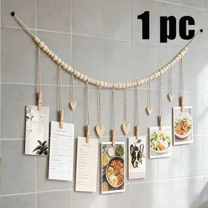 Wall Decorative Photo Frame, Wooden Beaded Wreath with Clips, Ideal for Bedroom, Living Room, Office, Perfect Gift for Young Girls