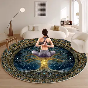 Tree Print Round Rug Carpet, Boho Area Rug, Flannel Meditation Yoga Mat, Indoor Room Entrance Living Room Decor, Portable Outdoor Rest Pad