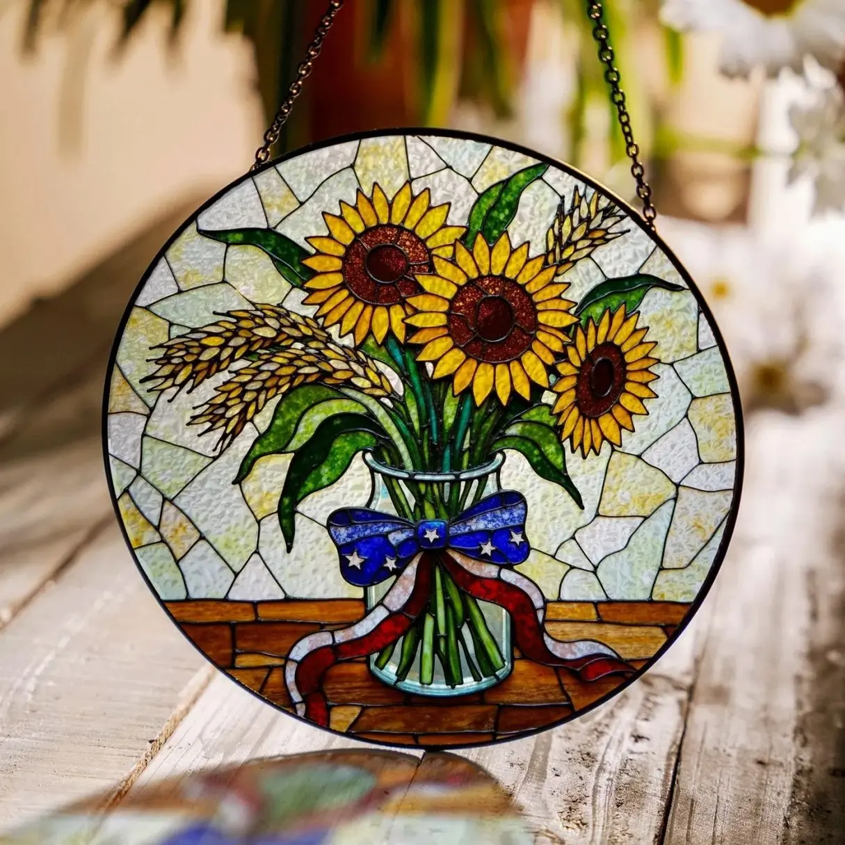 Sunflower bouquet stained glass suncatcher Gift Halloween For Family, Friends