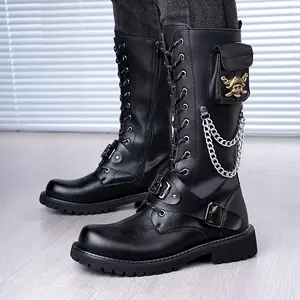 UYCEKK Men'S High-Top Motorcycle Boots Featuring a Rock Style with Long Black Boots, Available in Sizes 38-48.They Are Adorned with a Skeleton Chain And a Lacing Design, Equipped with a Thick, Anti-Slip Sole, Perfect for Trendy Performances And Rock Att