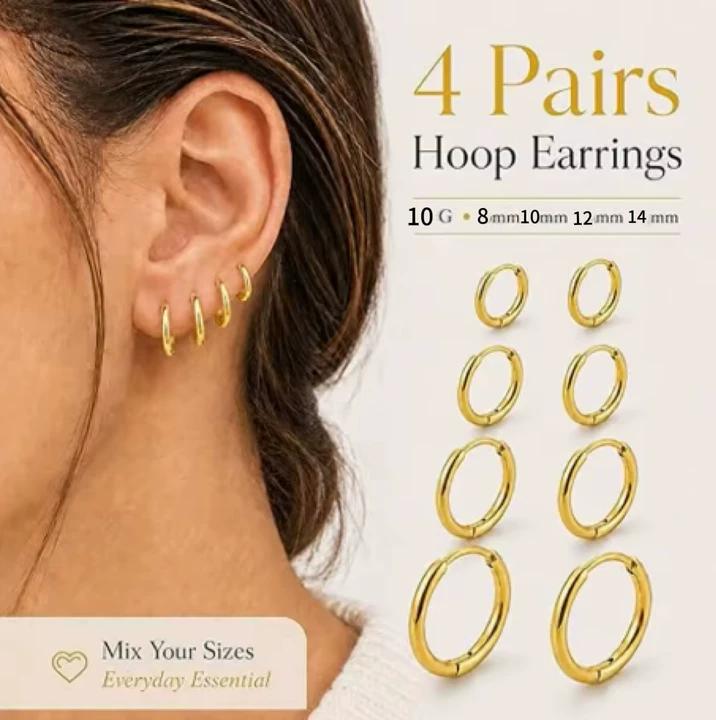 4 Pairs Stainless Steel Hoop Earrings Set, Silver/Gold Hypoallergenic Lightweight Versatile Sizes 8/10/12/14mm Earring Pack, Durable Earring Stack, Stackable Cartilage Piercing Hoops for Men & Women, Fashion Circle Shape Earrings Accessories Kit