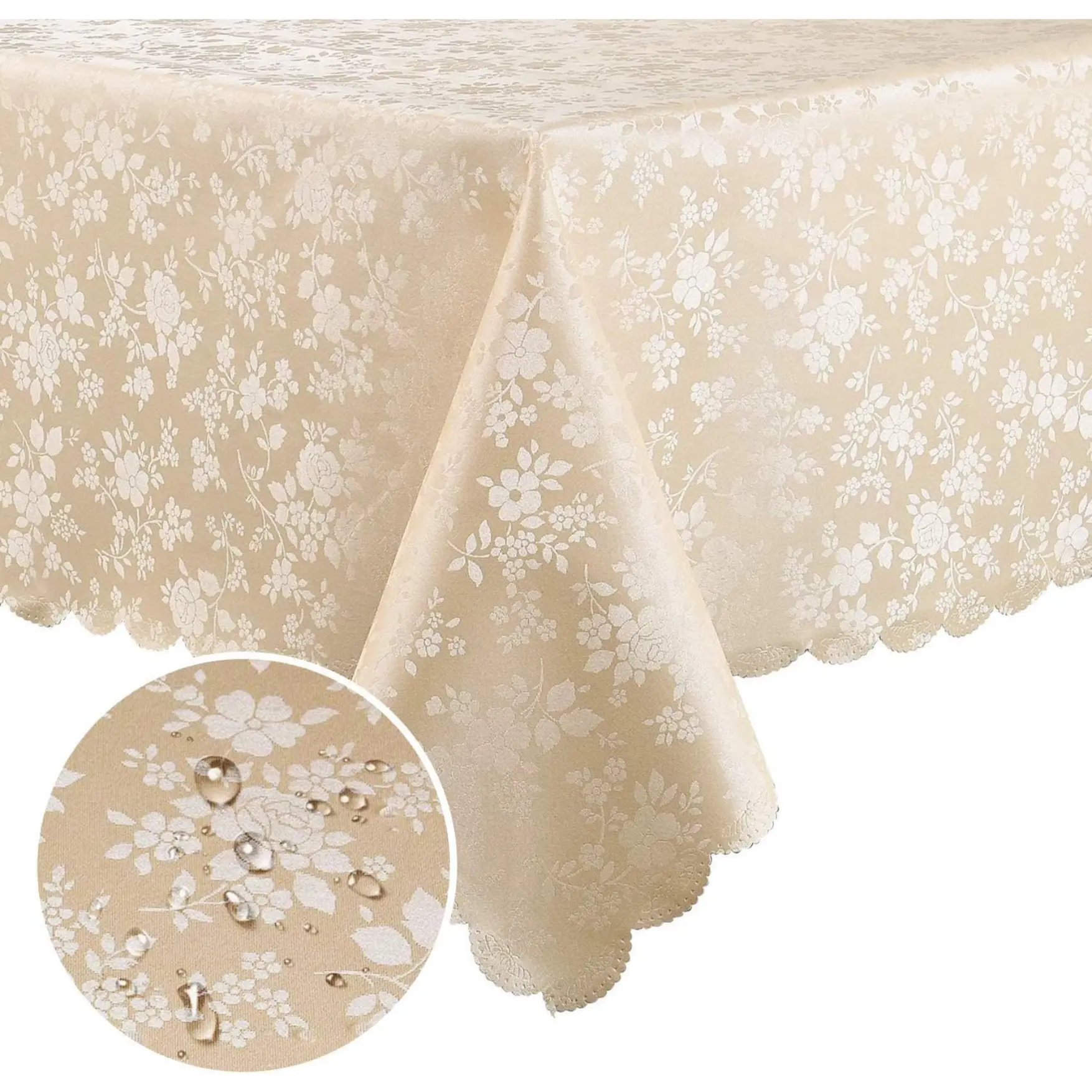 60x84" Polyurethane Rectangle Tablecloth - Waterproof Heavy-Duty Vinyl Table Cover with Floral Emboss, Scalloped Edge for Dining Room (Beige), Tablecover