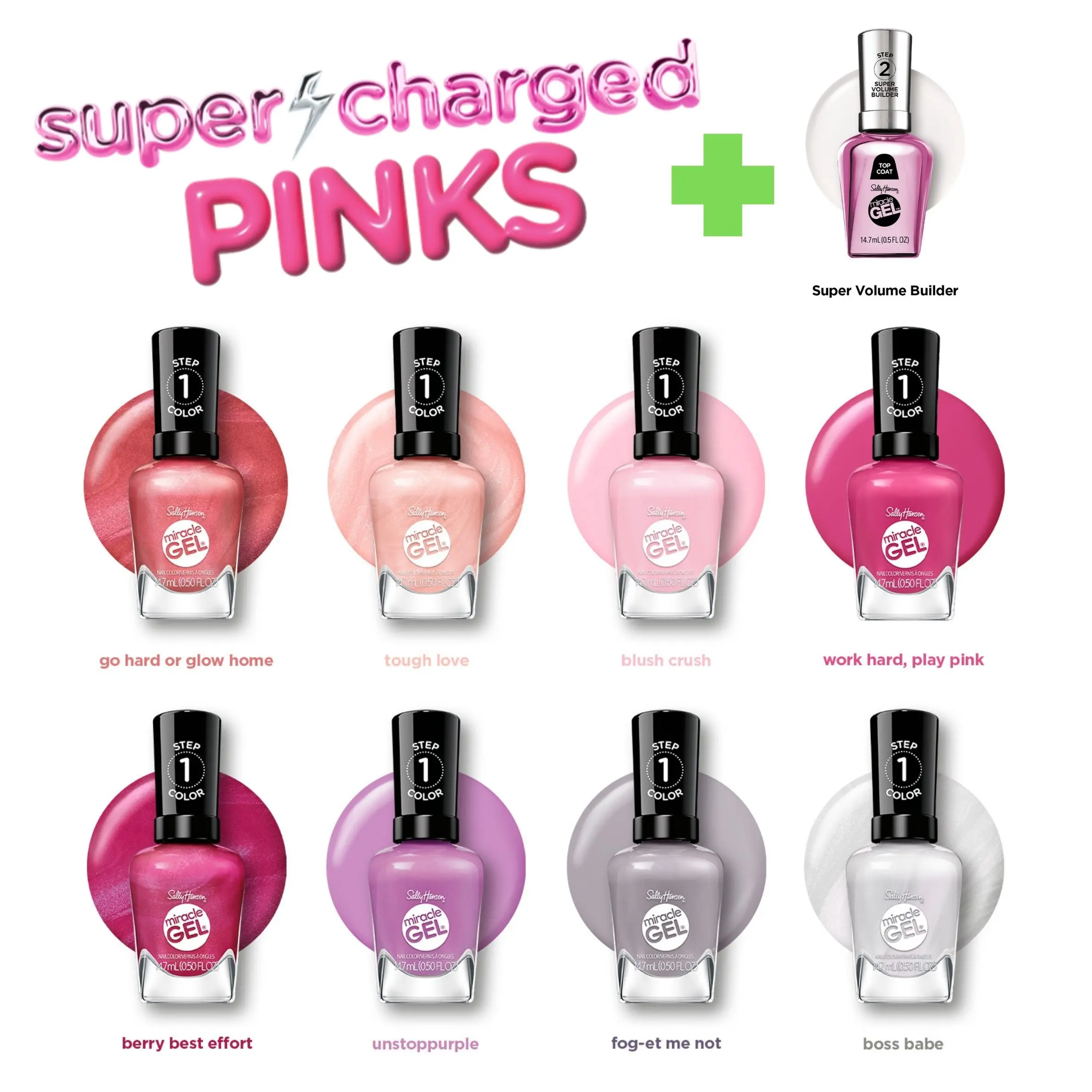 Sally Hansen Miracle Gel Supercharged Pinks Nail Polish + Top Coat Duo Bundle, Long Wear, No UV Light Needed