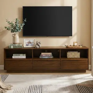 Spaco 63" Mid-Century Modern TV Stand - Solid Wood Media Console for 75" TVs Max, with Louver Design, Farmhouse Style, Walnut Finish, and Outlet Holes