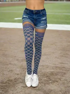 Kix'ies Game Day! Navy & Grey Plaid Leggings - Below the Ankle, Skinny Fit, All Seasons, Y2K Style, Petite to Plus Size