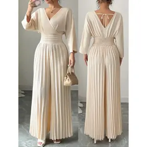 Women’s elegant V-neck batwing-sleeve pleated wide-leg pants, crafted from woven fabric for spring and autumn, featuring a fitted solid-color design and a fresh, fashionable look. GARMENTARY