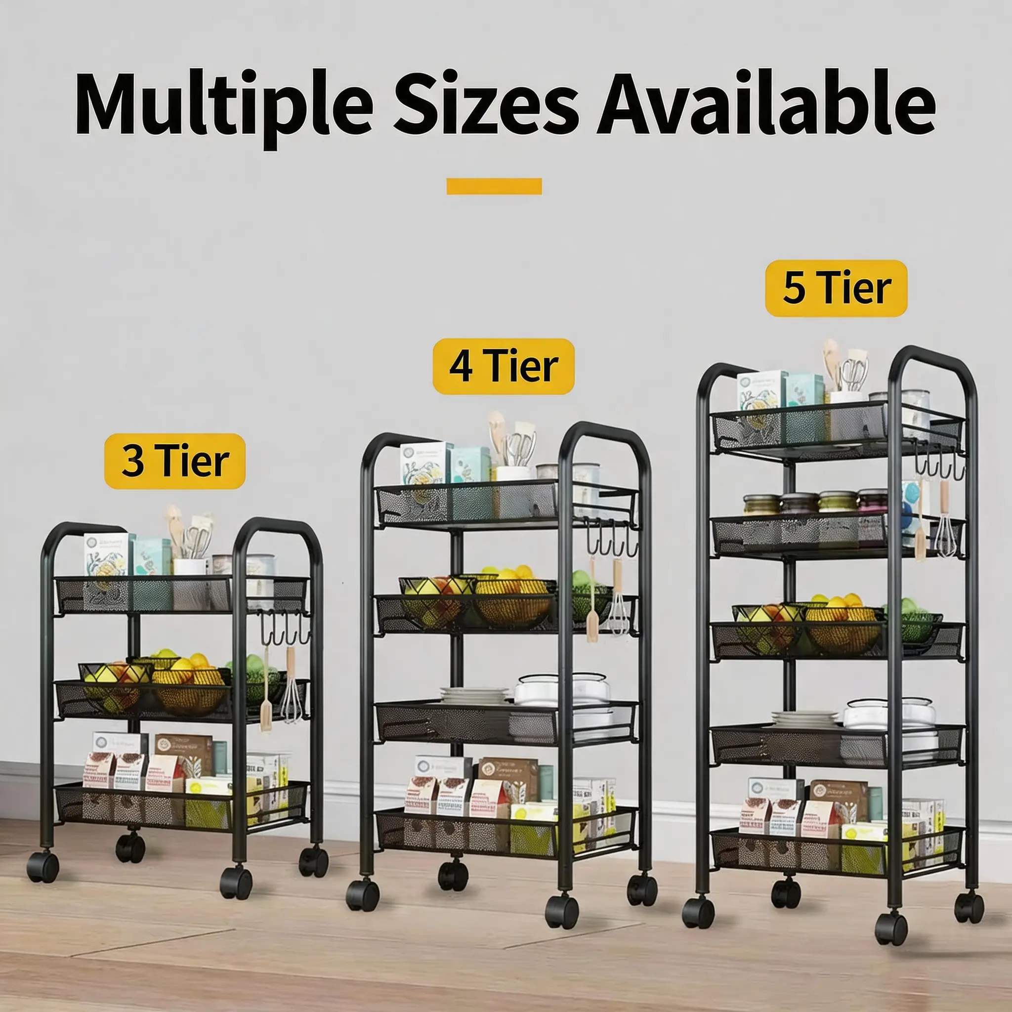 Slim Rolling Cart with Removable Rust-Proof Metal Wire Baskets (3/4/5-Tier, 10-15 Kg Capacity) - Black 3-Tier Storage Shelf, Casual Box, Business Pantry/Bathroom Fit Space-Saving Home Organizer, Removable Baskets