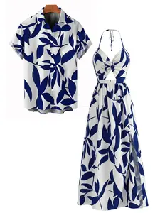 Vacation Couple Outfit Minimalist Leaf Pattern Twisted Cut Out Slit Halter Dress and Shirt Set