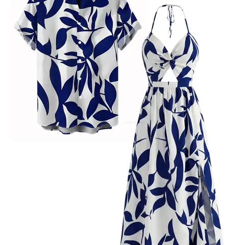 DRESSLILY Vacation Couple Outfit Minimalist Leaf Pattern Twisted Cut Out Slit Halter Dress and Shirt Set