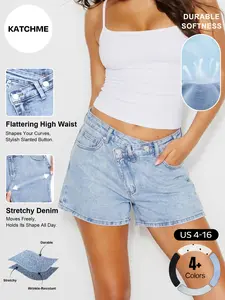 Katch Me Chic Women's Versatile High Waist Slanted Button Flexible Stretch Denim Shorts, Street Style Wrinkle-Resistant Durable Bottom, Summer Casual Lightweight Daily Jeans