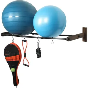 MyGift Wall Mounted Black Metal Pipe Yoga Exercise Ball Storage Rack with Rustic Wood Mount Backing, Hanging Fitness Organizer - Includes 4 Hanger S-