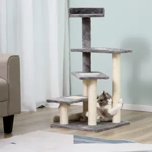 5 Level Revolving Stair Cat Tree for Indoor Kittens, 40" Grey Cat Tower with Play Center, Resting Perch, Scratching Surfaces, Warm Plush Fabric, Space Saving Spiral Design, for Cats Under 10 lbs, 19.1"L x 19.1"W x 39.4"H