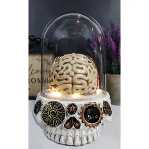 Steampunk Apothecary Gearwork Skull With Brains In LED Light Cloche Glass Dome