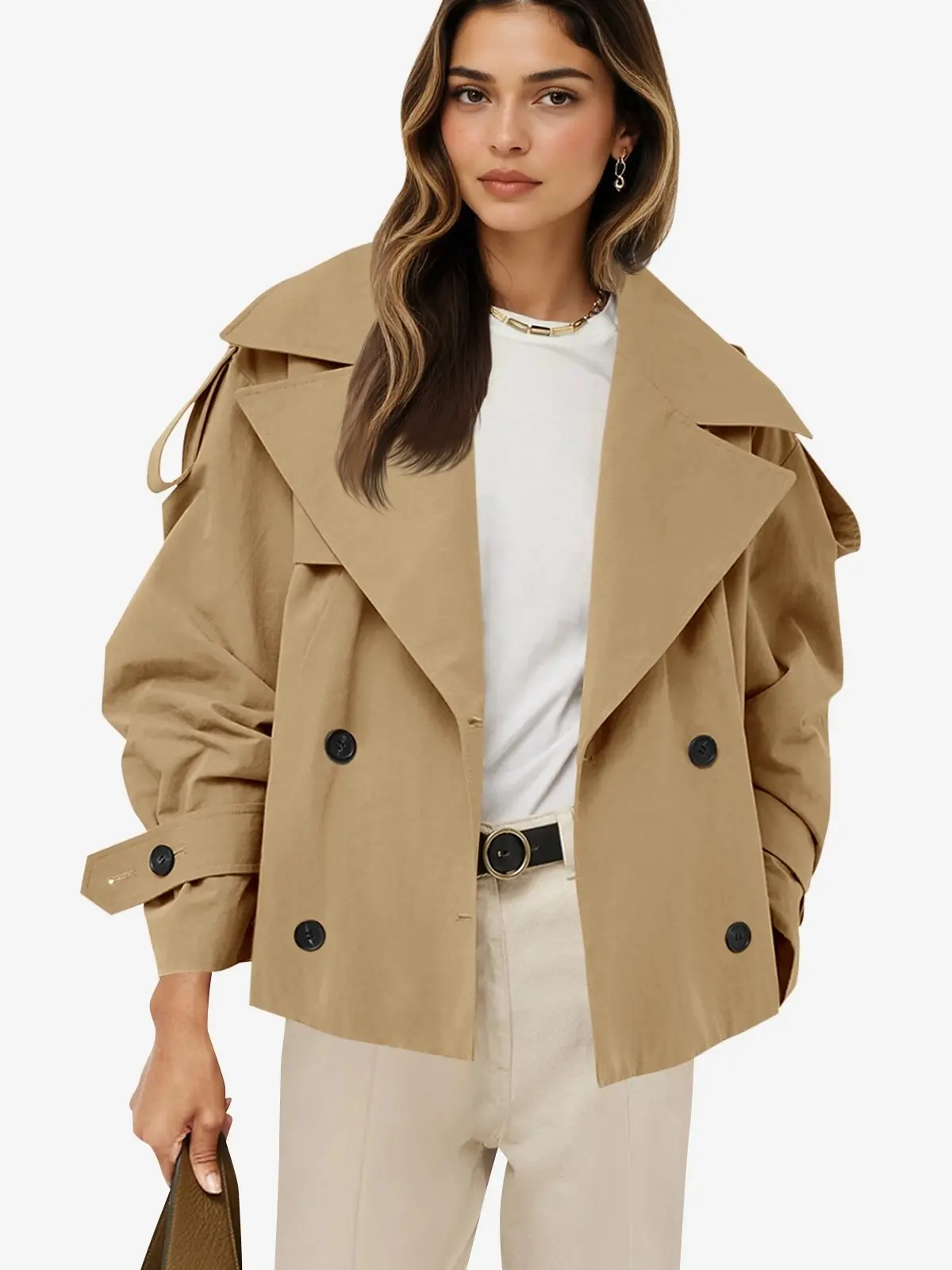 Tankaneo Womens Cropped Trench Double Breasted Short Jacket with Belt | Office, Work, Fall Fashion, Outerwear, Button Down