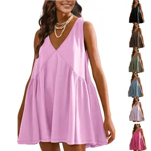 SCUSTY Women's V-Neck Sleeveless Tank Mini Dress Casual Loose A-Line Short Sundress with Side Pockets