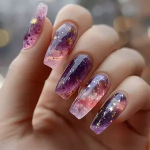 24pcs Gradient Effect Starburst Glossy Finish False Nails, Reusable Acrylic Nail Art, Party Night, Wedding, Daily Commute, Date, Festival Activities