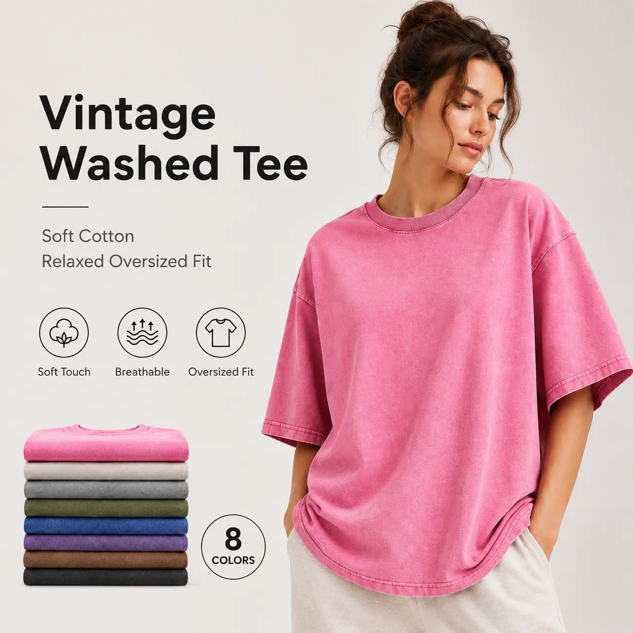 Men's 100% Cotton Oversized Vintage Washed Short-Sleeve Plain T-Shirt - Baggy Cut, Loose-Fit, Multi-Size, Soft Breathable Streetwear Top for Summer Daily Outfits