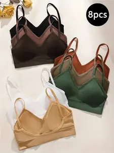 8 Pieces Of Solid Ribbed Wireless Camisole Bras, Comfortable And Breathable Sports Bras, Girls' And Teenagers' Underwear, Seamless Underwire Vest Bras, Suitable For Girls Aged 13-15