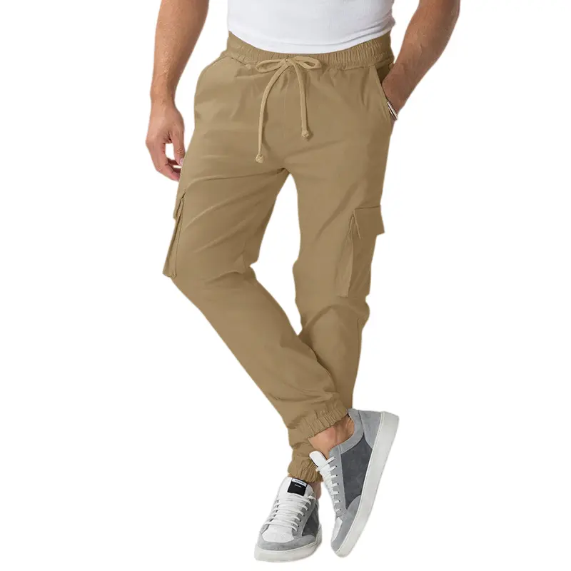 Men's Elastic Drawstring Waist Cargo Jogger Pants, Multi Side Flap Pockets Cuffed Ankle Utility Full Length Trousers For Hiking Travel Daily Outdoor Street Casual Summer Wear # SummerWins