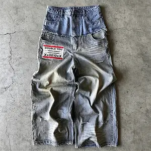 Men's retro washed wide leg jeans, fake two-piece worn-out spliced street style loose jeans